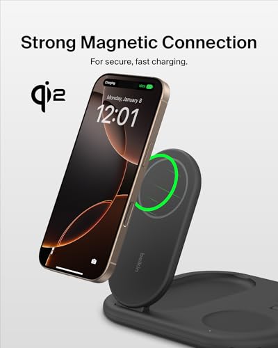 Belkin 3-in-1 MagSafe-Compatible iPhone Charger 15W, Foldable Magnetic Qi2-Certified Wireless Charging Station for iPhone 17, Apple Watch Series 10, AirPods 4, and More, w/Non-Slip Base & PSU - Black