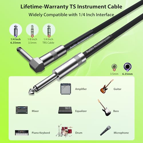 AA AUDIO ACCESSORY 50 ft Guitar Cable, 20AWG 99.99% OFC - A Must for Long Instrument Cable, Nylon Braided Anti-Kinking Kevlar-Reinforced, AL & OFC Shielded 1/4 Bass Amp Cord for Fender Electric Guitar