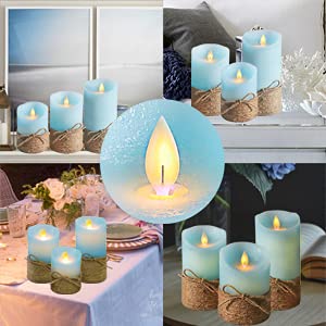 PETRISTRIKE Ocean Blue Flameless Candles, Nautical Themed Led Pillar Candles with Remote & Timer, Decorative Flickering Candles for Gifts, Party, Wedding, Home Decorations - Set of 3