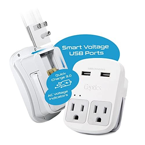 Ceptics Universal Travel Adapter kit, Dual USB (QC 3.0) + 2 US outlets + USB-C Cable, Use with Chargers, Cell Phones, Laptops, 6 Plug attachments for Worldwide use (Does Not Convert Voltage) (WPS-2B)