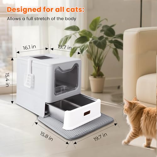 LEEJARD Cat Litter Tray, Stainless Steel Cat Litter Tray with Lid and Extendable Tray, Hop in Cat Litter Tray XXL with Cat Litter Tray Mat & Shovel for Cats up to 15 kg, Easier Cleaning, Leak-Proof