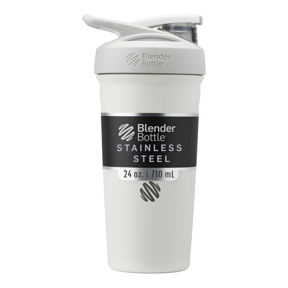 BlenderBottle Strada Shaker Cup Insulated Stainless Steel Water Bottle with Wire Whisk, 24-Ounce, White