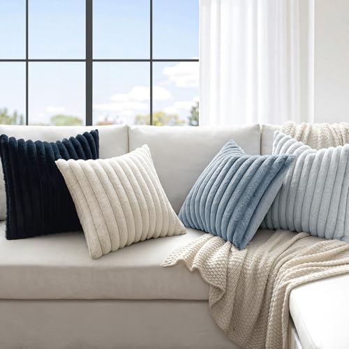 MIULEE Faux Fur Plush Decorative Throw Pillow Covers 18x18 Set of 4, Modern Soft Fuzzy Coastal Striped Cushion Covers for Sofa Couch Bed Living Room Cozy Home Decor,Navy Blue
