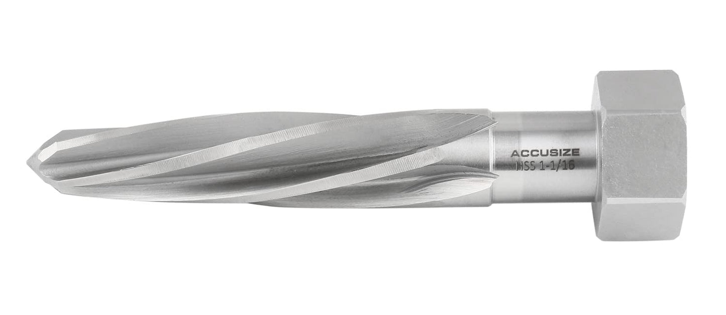 Accusize Industrial Tools 1-1/16 inch by 5 inch Flute Length Hex Shank H.S.S. Aligning Reamer, 7 inch Overall Length, Spiral Flute, 0523-6055