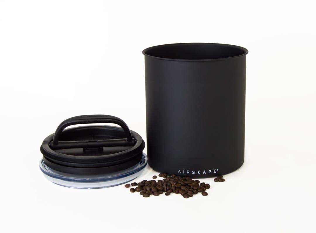 Airscape Stainless Steel Coffee Canister | Food Storage Container | Patented Airtight Lid | Push Out Excess Air Preserve Food Freshness (Matte Black, Medium)