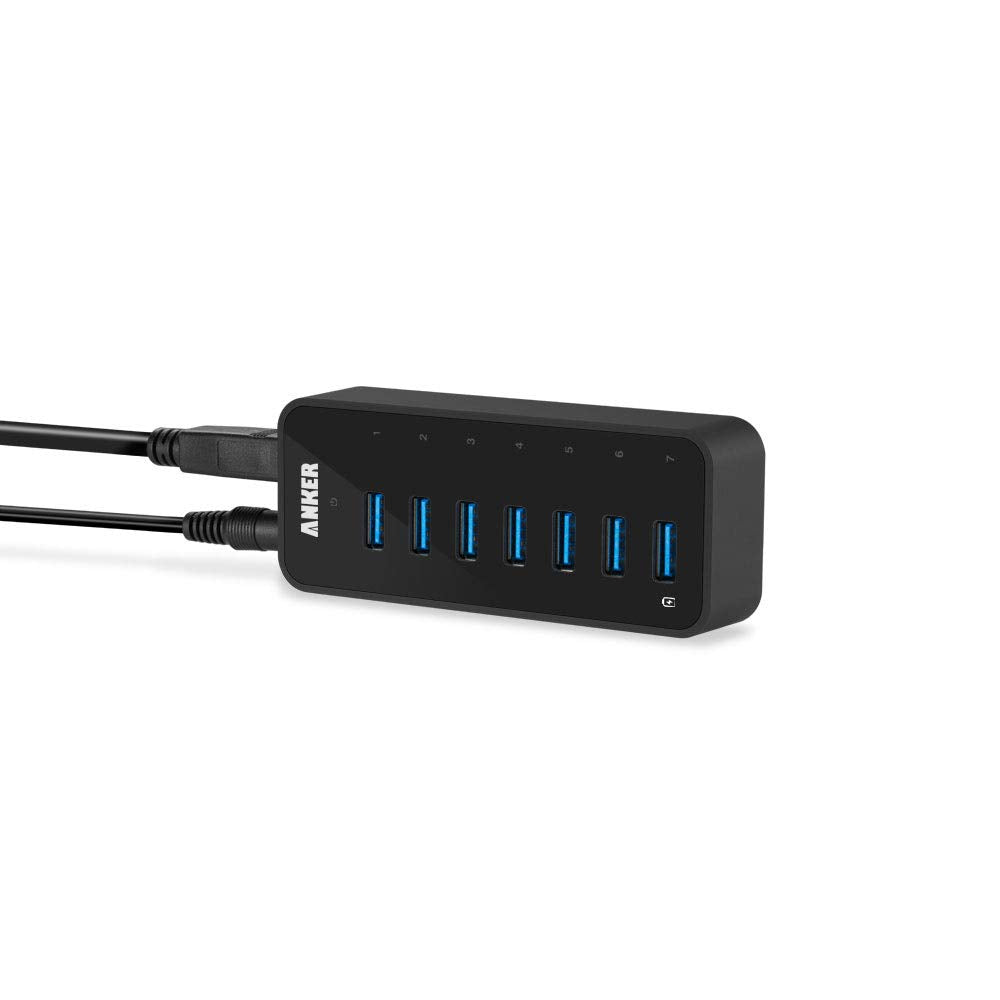 Anker USB 3.0 7-Port Hub with 1 BC 1.2 Charging Port up to 5V 1.5A, 12V 3A Power Adapter Included [VIA VL812-B2 Chipset] Black