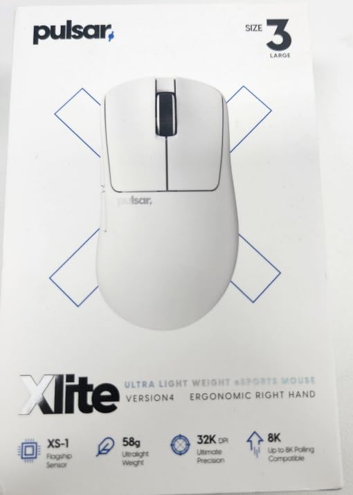 Pulsar Gaming Gears Xlite V4 Wireless Gaming Mouse Large Size - Lightweight 58g, Right Hand, 8K Ready, Lag-Free 2.4GHz, XS-1 32000 DPI Sensor, White
