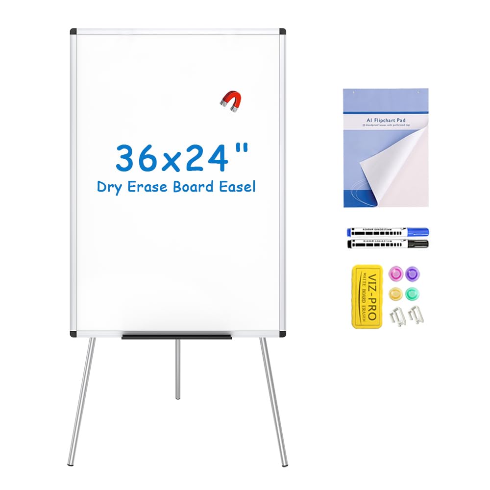 VIZ-PRO Light Magnetic Tripod Whiteboard/Flipchart Easel,24" W x 36" L, Include 1 x Flipchart Pad