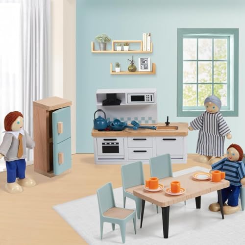 Giant bean 36pcs Wooden Plastic Dollhouse Furniture 5 Set with 4 Family Dolls, Blue Dollhouse Accessories Pretend Play Furniture Toys for Boys Girls & Toddlers 3Y+, Christmas Birthday Gift for Kids