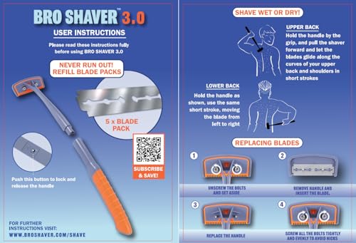 BRO SHAVER 3.0, Back Shaver for Men (DIY) Back & Body Hair Trimmer. Shave Wet or Dry Back Hair. Ergonomic Handle Uses Double Edge Razor Blades.