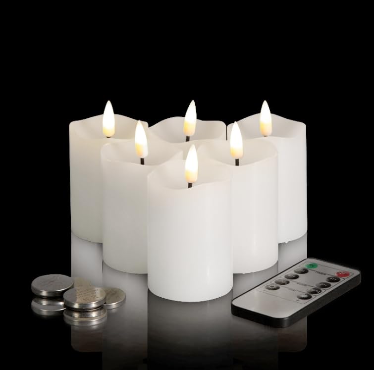 Eywamage White Flameless Votive Candles with Remote Batteries, Small Halloween LED Pillar Candles Flickering Set of 6