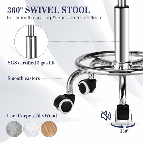 Grey Square Salon Rolling Stool - 300lbs Weight Capacity，Adjustable Swivel Stool with Wheel，Pu Leahter Comfortable Cutting Stools for Salon Tattoo Stylist Massage Perfect for Work SPA (Grey)