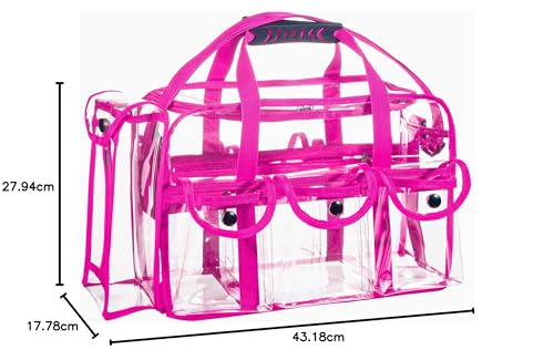 Wide Mouth Large Professional Clear PVC Travel Makeup Artist Set Bag Cosmetic Nails Beauty Bag Transparent Vinyl Tool Organizer Work Bag Beach Bag Diaper Bag with 6 External Pockets & Strap, Pink