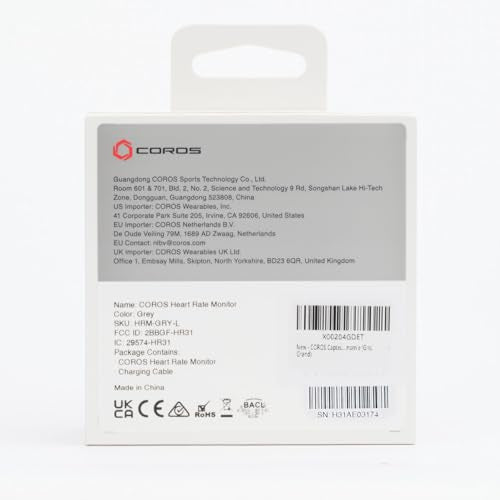 COROS Heart Rate Monitor, Comfort, Easy to wear, Auto-wear Detection, Advanced Sensor, Precise Data, Bluetooth, 38 Hours Battery Life, Compatible with up to 3 Connections, for Run and Bike-Grey