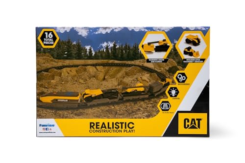 CAT Construction Toys, Little Machines Power Tracks Battery Operated Train Set, Engine with Working Headlight, 3 Rail Cars, Working Crane, 2 Magnetic Cargo Containers, and 2 CAT Trucks for Kids