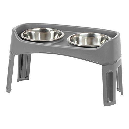 IRIS USA Elevated Dog Bowls, Adjustable Height, 2 Thick 1.9 L Stainless Steel Bowls, Spill-Proof with Raised Outer Rim, Durable Plastic, Easy Assemble, 2 Heights 11.8 or 31.1 cm, Dark Gray