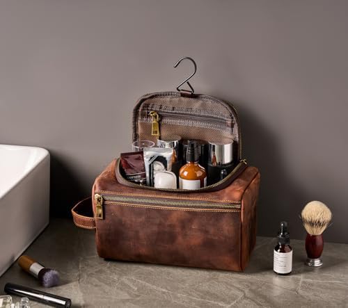 EURYNOME Leather Unisex Toiletry Bag Travel, Genuine Leather Shaving Dopp Kit - Leather Mens Toiletry Bag With Hook -Leather Makeup Cosmetic Organizer Kit - Men Travel Toiletries Bag Groomsmen Gift,