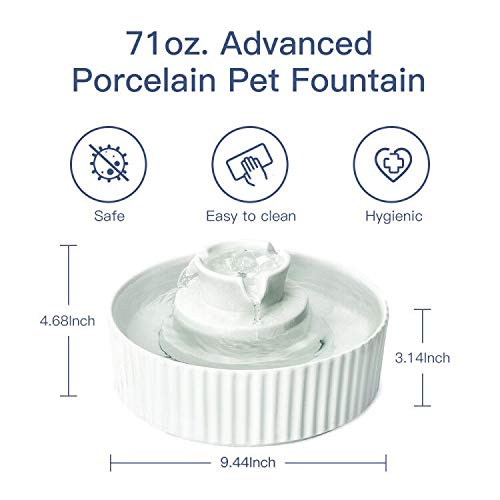 Ceramic Pet Drinking Fountain-2.1L/71oz Ceramic Cat Water Fountain-Automatic Ceramic Water Fountain for Cats and Dogs with with Ultra-Quiet Pump(White) (White)
