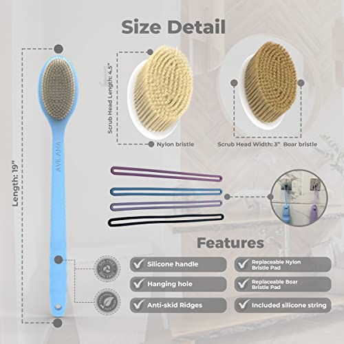 Avilana Back Scrubber for Shower,19 inch Silicone Body Scrubber with Handle, Shower Back Scrubber for Men and Women, Back Brush for Shower, Loofah with Handle Shower Brush (BLUE)