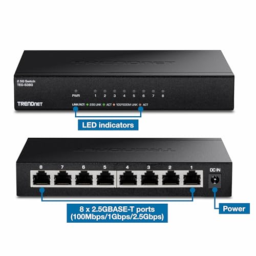 TRENDnet 8-Port Unmanaged 2.5G Switch, 8 x 2.5GBASE-T Ports, 40Gbps Switching Capacity, Backwards Compatible with 10-100-1000Mbps Devices, Fanless, Wall Mountable, Black, TEG-S380