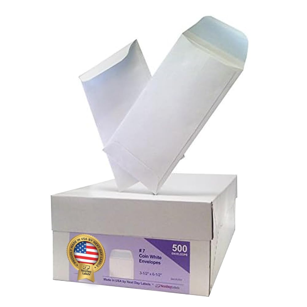 #7 Coin White Envelope for Small Parts, Cash, Jewelry Etc., from NextDayLabels, 500 Per Box (Reg. Gum)