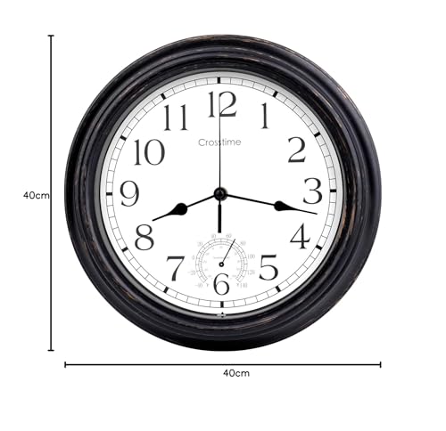 16 Inch Large Outdoor Clock Waterproof with Thermometer Combo, Retro Indoor Outdoor Wall Clocks for Patio Pool Garden Living Room Decor,Bronze