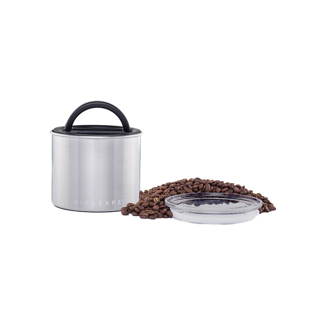 Airscape Stainless Steel Coffee Canister | Food Storage Container | Patented Airtight Lid | Push Out Excess Air Preserve Food Freshness (Small, Brushed Steel)