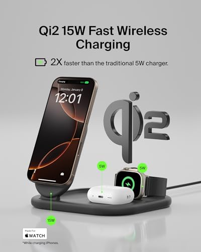 Belkin 3-in-1 MagSafe-Compatible iPhone Charger 15W, Foldable Magnetic Qi2-Certified Wireless Charging Station for iPhone 17, Apple Watch Series 10, AirPods 4, and More, w/Non-Slip Base & PSU - Black