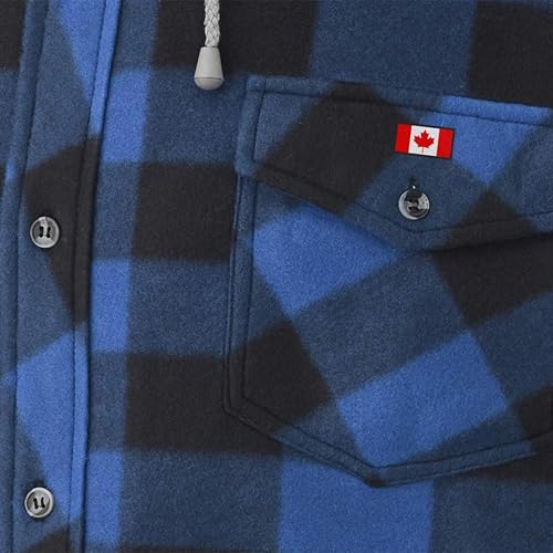 Pioneer Work Shirt – Quilted Fleece Lined Plaid Flannel Button Down Shirt Jacket with Hood for Men, Hidden Zipper Closure, 2 Pockets – Black & Blue