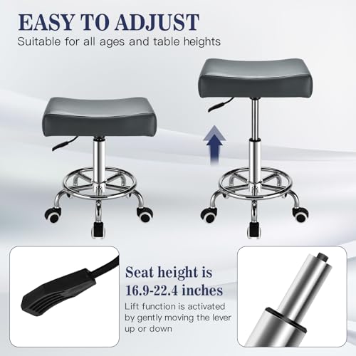 Grey Square Salon Rolling Stool - 300lbs Weight Capacity，Adjustable Swivel Stool with Wheel，Pu Leahter Comfortable Cutting Stools for Salon Tattoo Stylist Massage Perfect for Work SPA (Grey)
