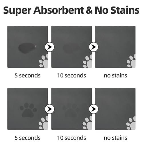 Dog Cat Food Mat Pet Bowl Mat Absorbent No Stains Quick Dry-Innovative Pet Supplies Dog Cat Accessories-Water Dispenser Mat for Messy Drinkers-Dark Grey with Paw Pattern 17"x34"