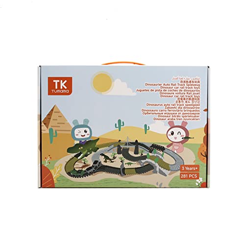 TUMAMA Dinosaur Toys Race Track, 281 Pcs Dinosaur Train Toys for Kids 3-5 5-7, Flexible Train Tracks with 4 Dinosaurs Figures, 2 Electric Race Cars with Light, Create A Dinosaur Road Race for Toddlers