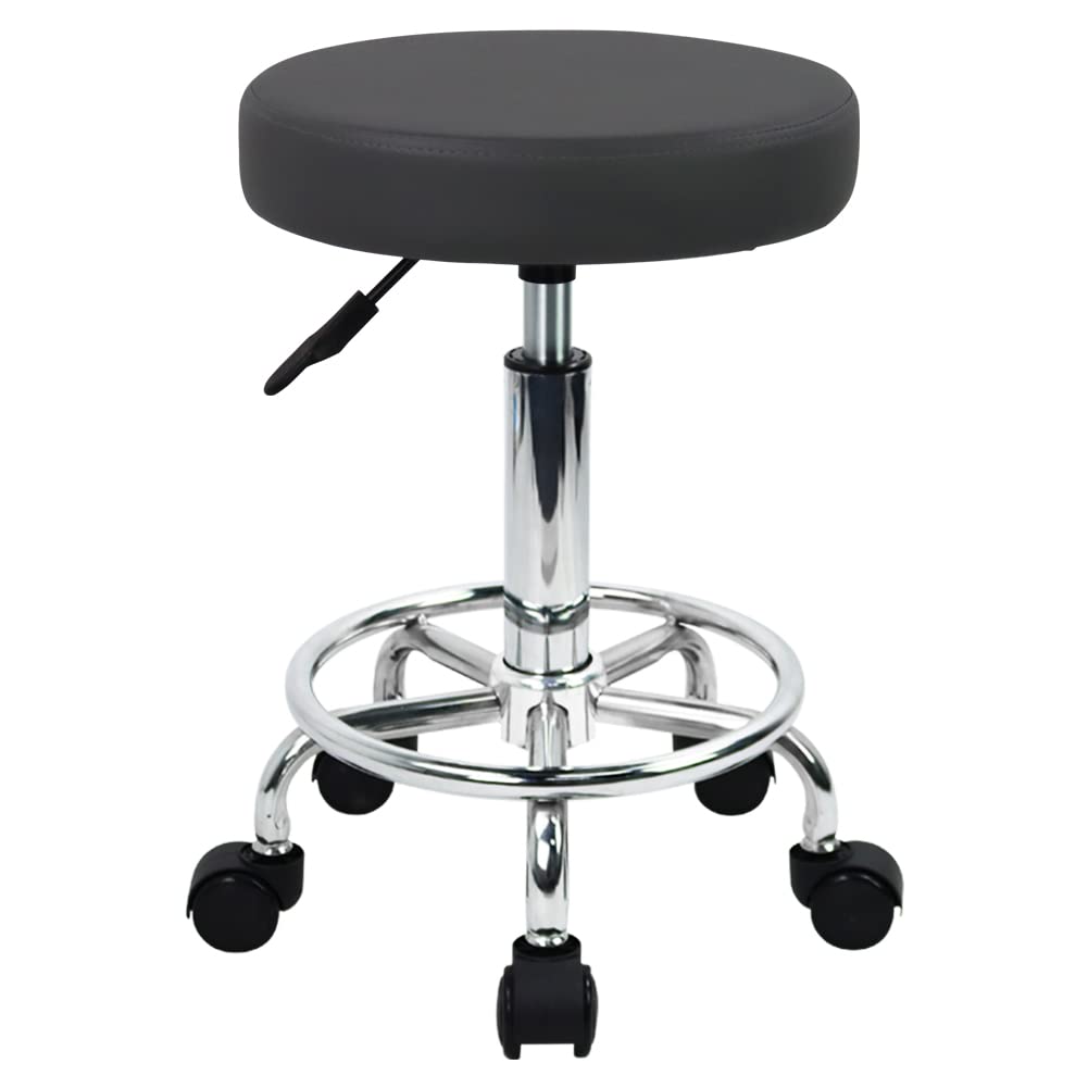 WKWKER Round Rolling Stool with Footrest PU Leather Height Adjustable 360° Swivel Stool with Wheels Office Stool Chair Home Drafting Work Studio Shop SPA Salon Small (Grey)