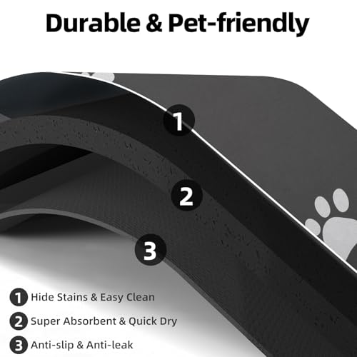 Dog Cat Food Mat Pet Bowl Mat Absorbent No Stains Quick Dry-Innovative Pet Supplies Dog Cat Accessories-Water Dispenser Mat for Messy Drinkers-Dark Grey with Paw Pattern 17"x34"