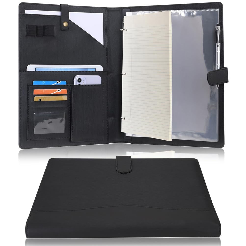 Wonderpool A4 Leather Portfolio Holder Ring File Document Case with Removable Binder Clipboard, Multi Pocket and Legal Pad for Business Organizer Interview and Meeting (Black)