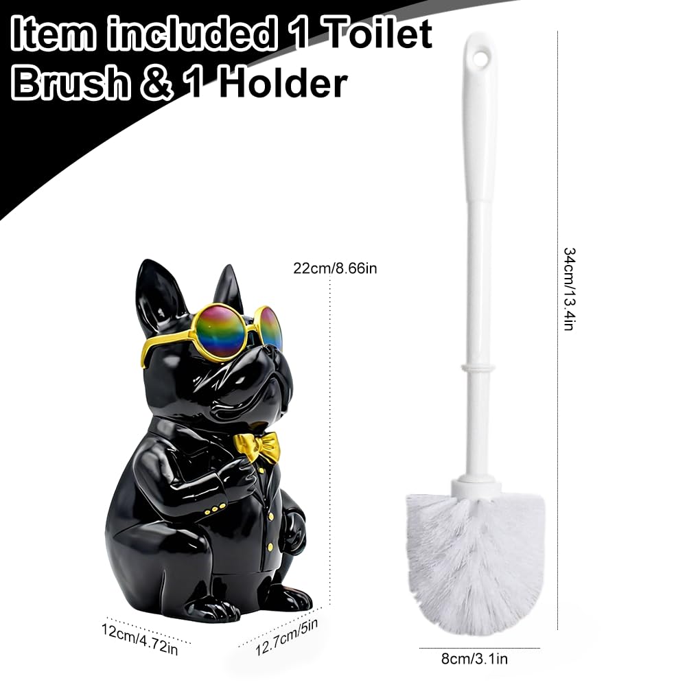 Home Luxe Bulldog Toilet Brush and Holder Set, Resin Decorative Dog Design, Weighted Non-Tip Base, Long Handle, Stiff PP Bristles (Suit & Shade - Black)