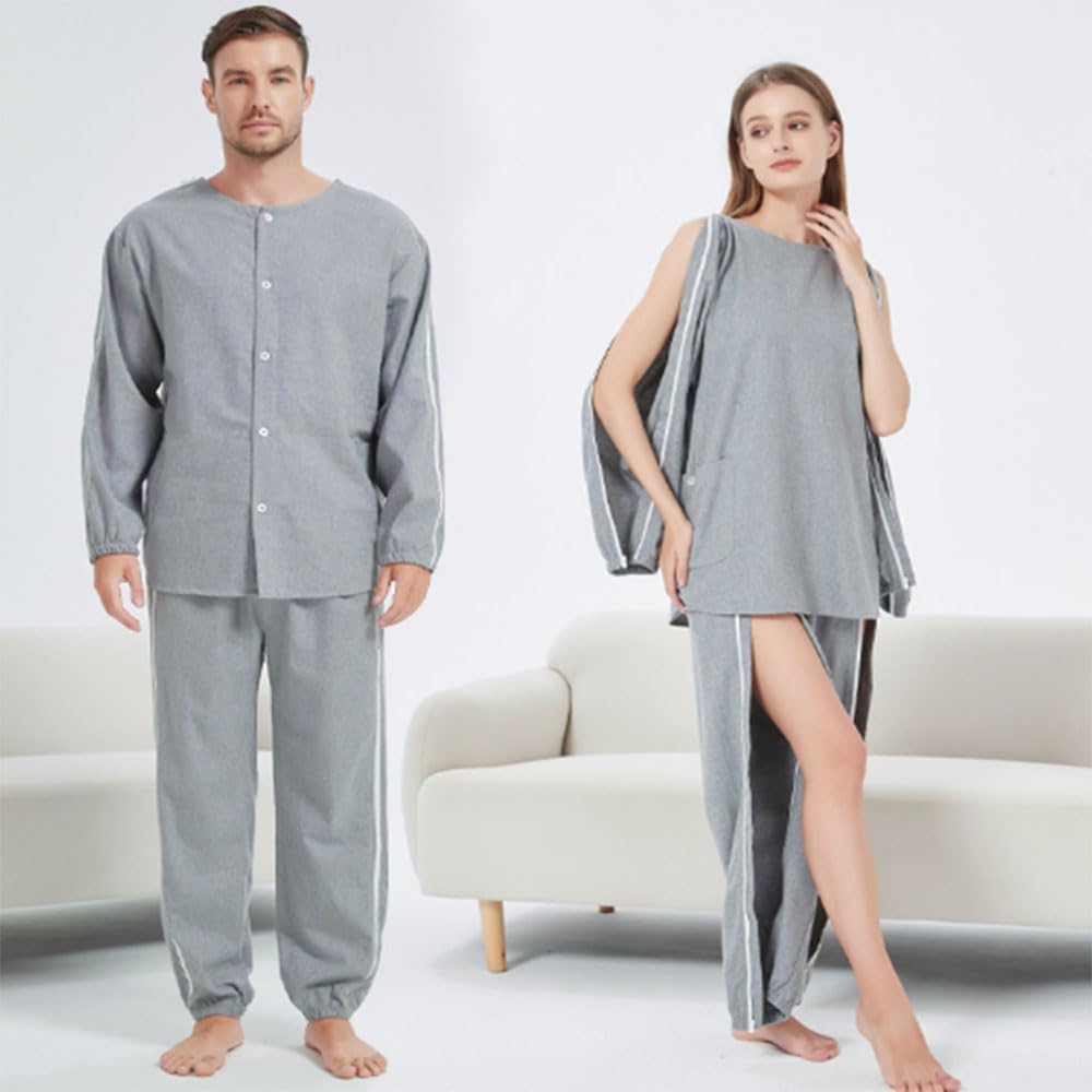 Aylashine Bedridden Patient Nursing Pajamas, Two Ways to wear, Front and Back Cotton, Breathable, Sweat-Wicking and Comfortable, Unisex, Zipper Closure,Gray XXXL