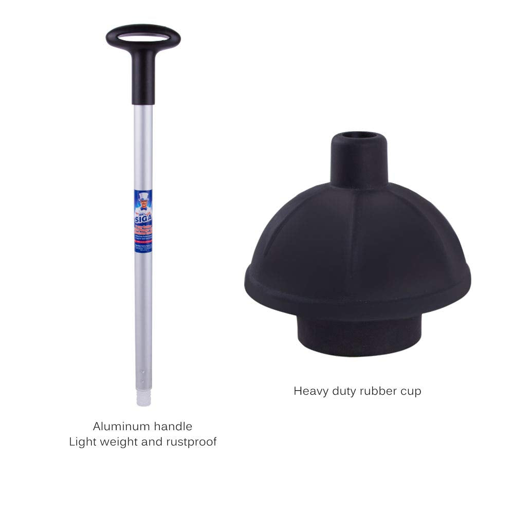 MR.SIGA 2 Way Rubber Toilet and Drain Plunger, Aluminium Handle, Black