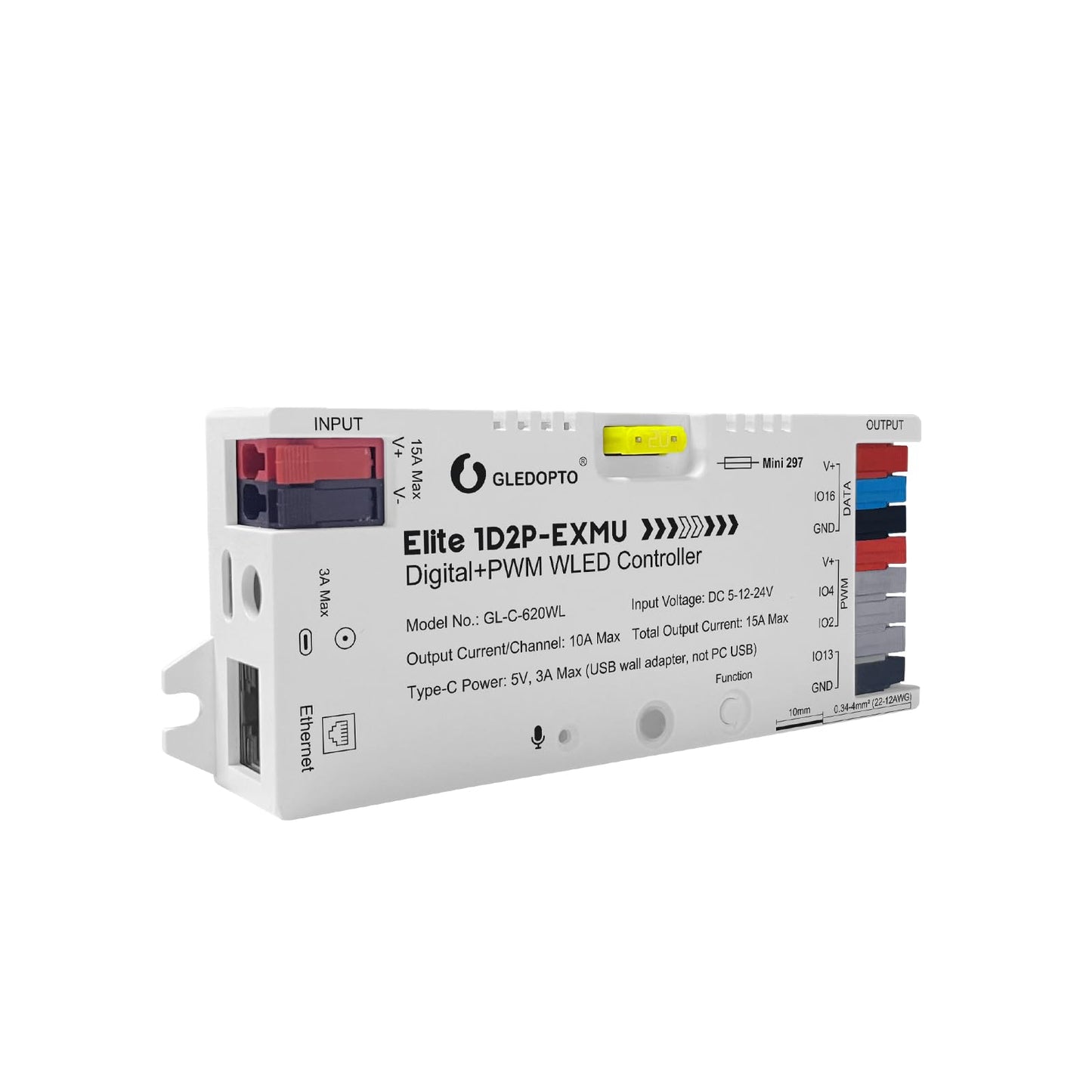 GLEDOPTO Elite Ethernet ESP32 WLED LED Strip Controller Digital RGB IC PWM CCT Monochrome Dual Outputs Built in Fuse Relay I2S PDM Mic for Addressable WS2811 WS2812 WS2815 SK6812 Analog Strip Light