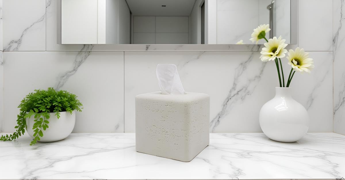 Huitony Travertine Square Tissue Box Cover Decorative Klenex Box Holder for Bathroom & Living Room with Handcrafted Texture (White Stone)