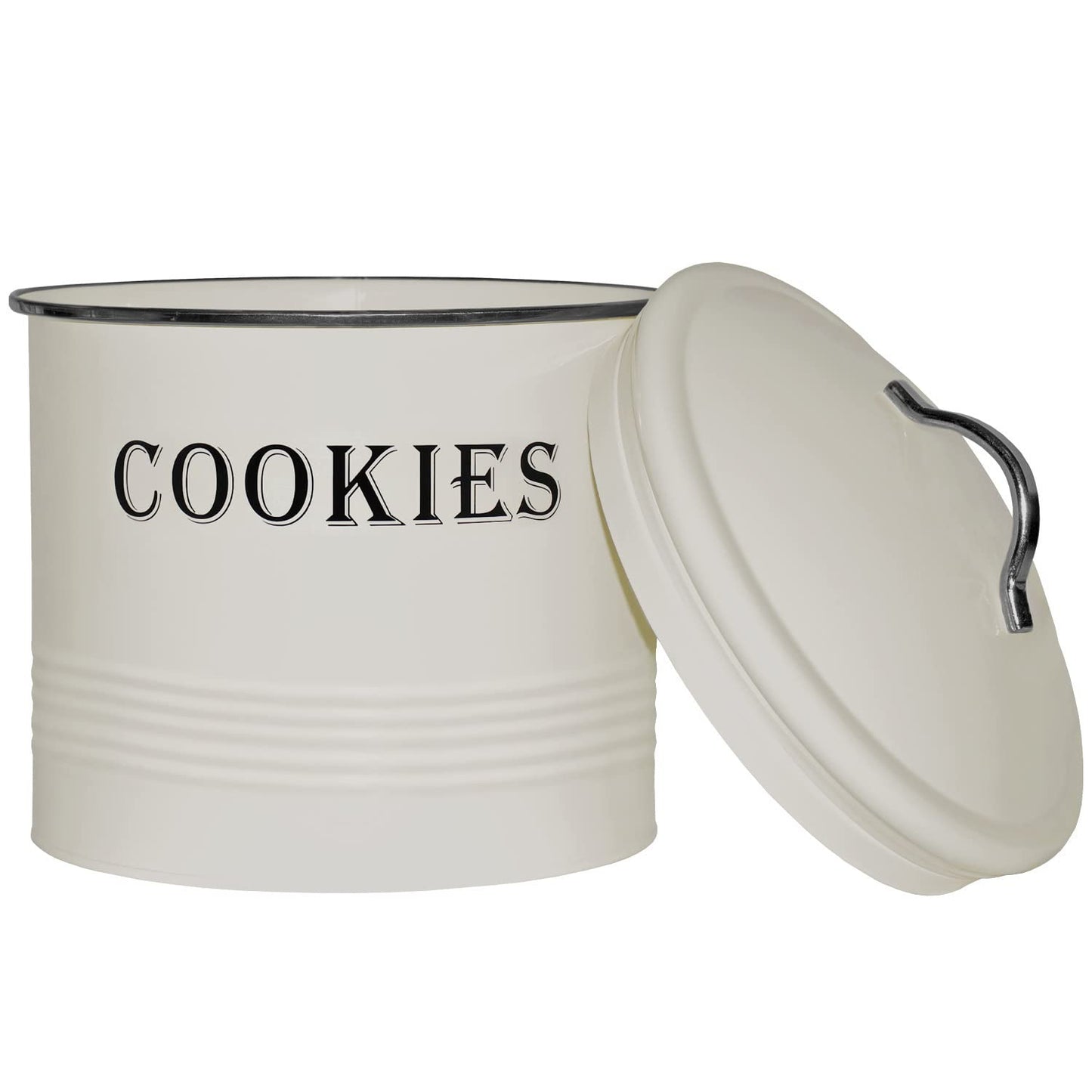 Blue Donuts Vintage Cookie Jar - Airtight Counter Cookie Container, Ivory Tin with Lid for Gift Giving, Large Capacity