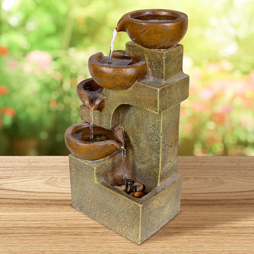 Alpine Corporation WCT726 Indoor/Outdoor Tabletop Tiered Pouring Pots Waterfall Fountain with Natural Stone Look, 16", Brown