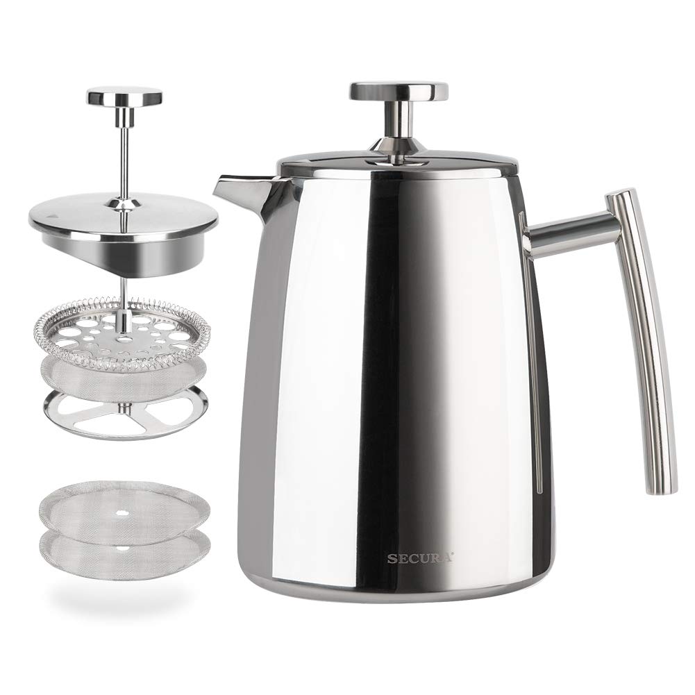 Secura French Press Coffee Maker, 17-Ounce, 304 Stainless Steel Insulated Coffee Press with Extra Screen