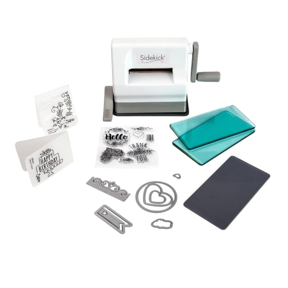 Sizzix 661770 Sidekick Starter Kit - White and Gray with Aqua Cutting Plates, Embossing Pad, Embossing Folders, Dies and Stamps-Item, White/Gray, 6.35 cm" Opening