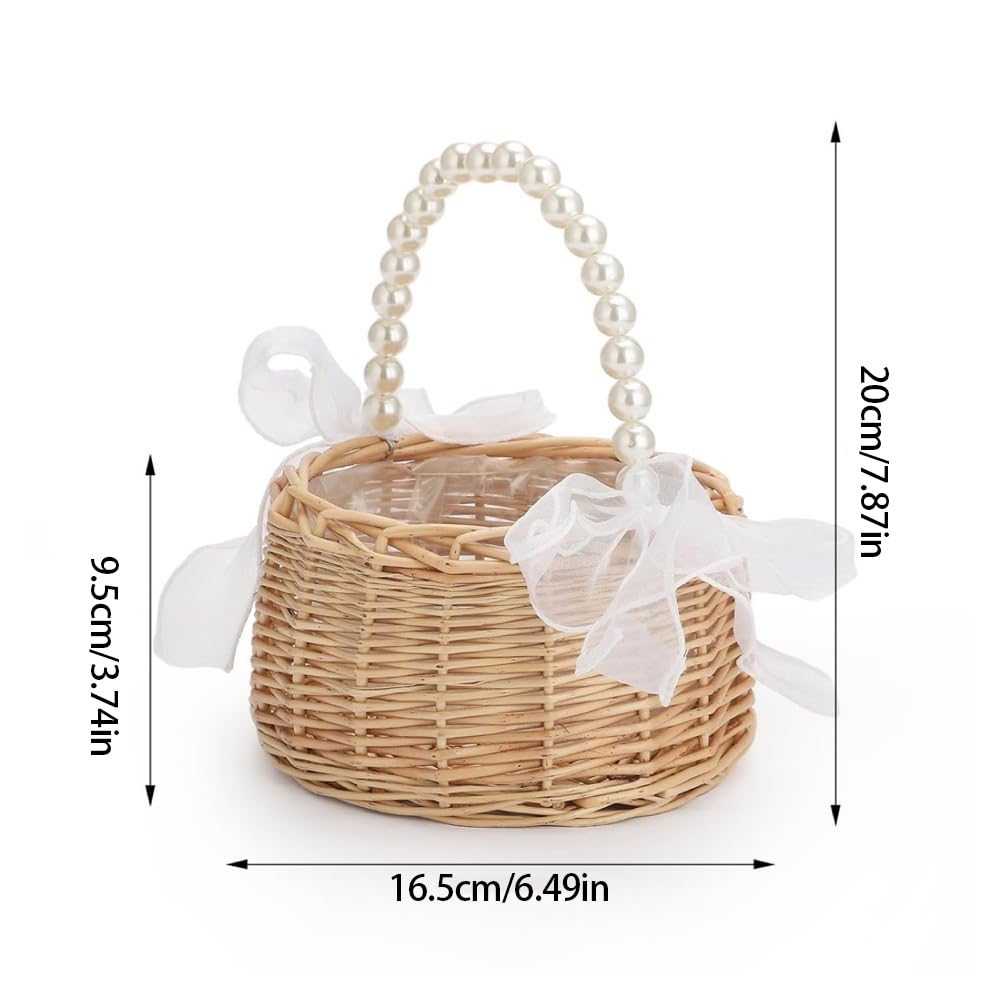 Wicker Rattan Flower Girl Basket Wedding Small with Pearl Handle and White Bow Fairy Handwoven for Home Decorations