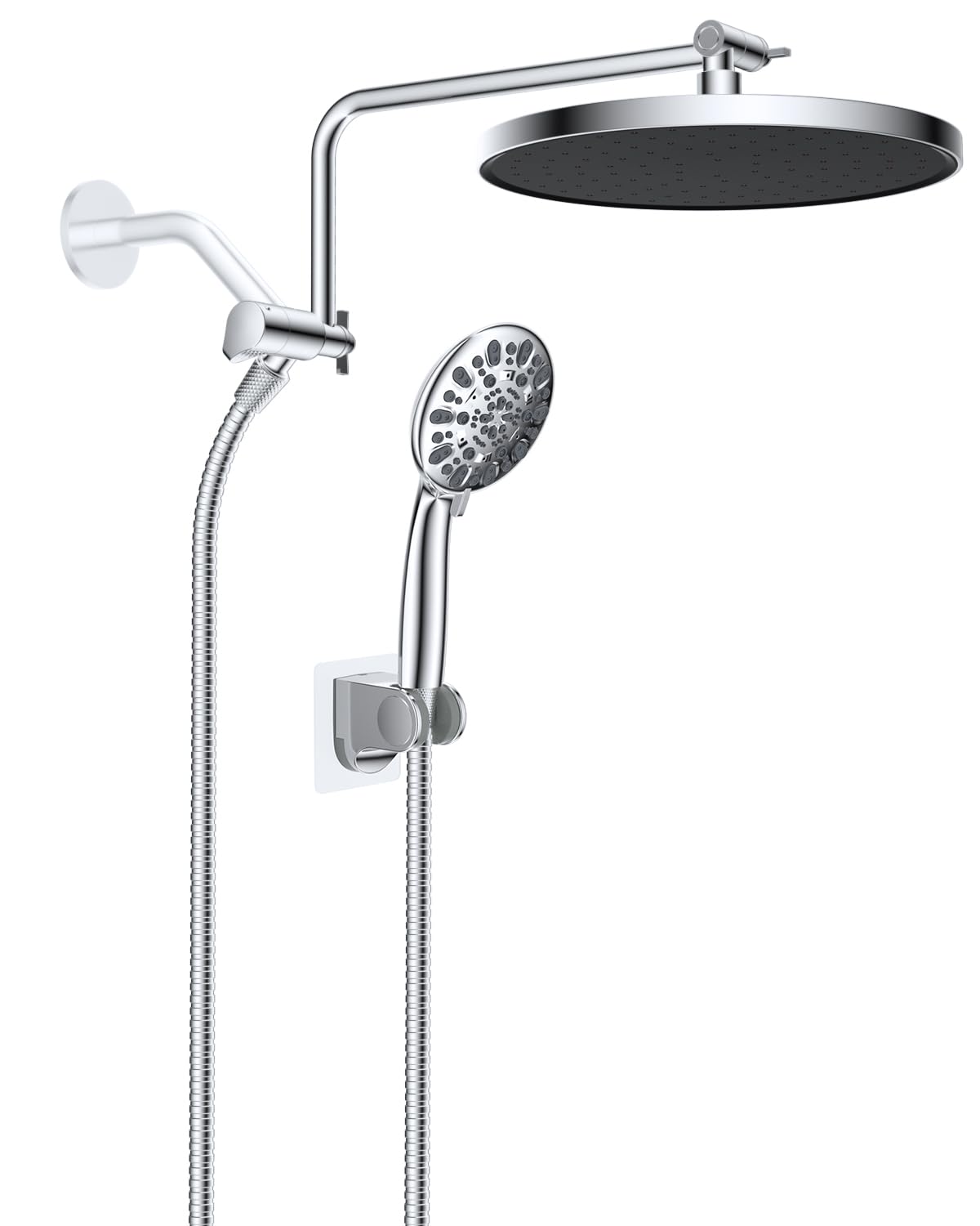 Hibbent Metal Thickness Shower Head, 10'' High Pressure Rainfall Shower Head/Handheld Showerhead Combo with 12'' Adjustable Shower Extension Arm, 7-Spray, 71'' Hose, Showerhead Holder, Chrome
