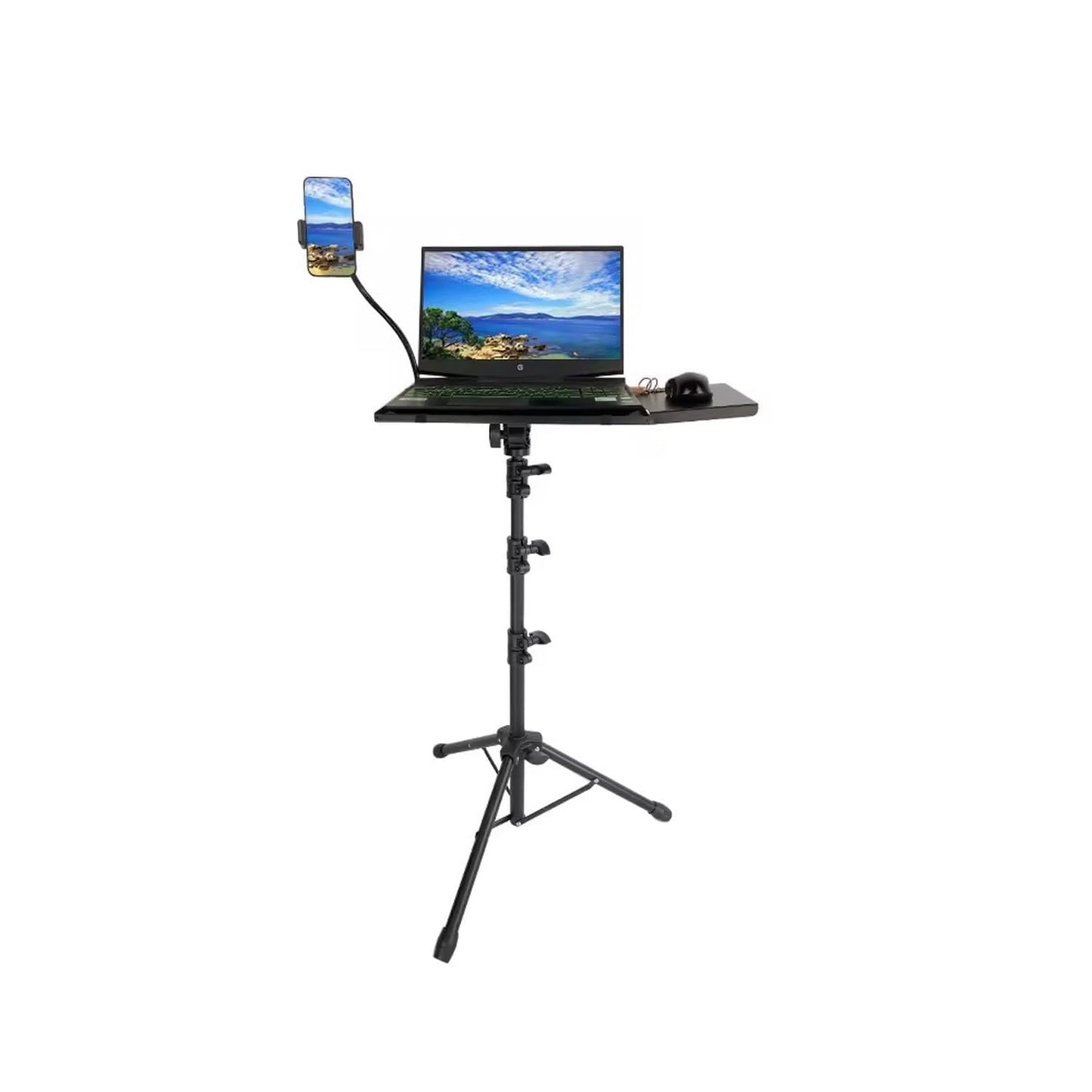 SHOPONTO Adjustable Laptop Stand Tripod, Black Alloy, 180° Rotation, 65-160cm Height, Phone Mount Included, 15kg Load Capacity, 40.7x27.6cm Tray, Foldable Portable Desk Stand for Laptop & Tablet