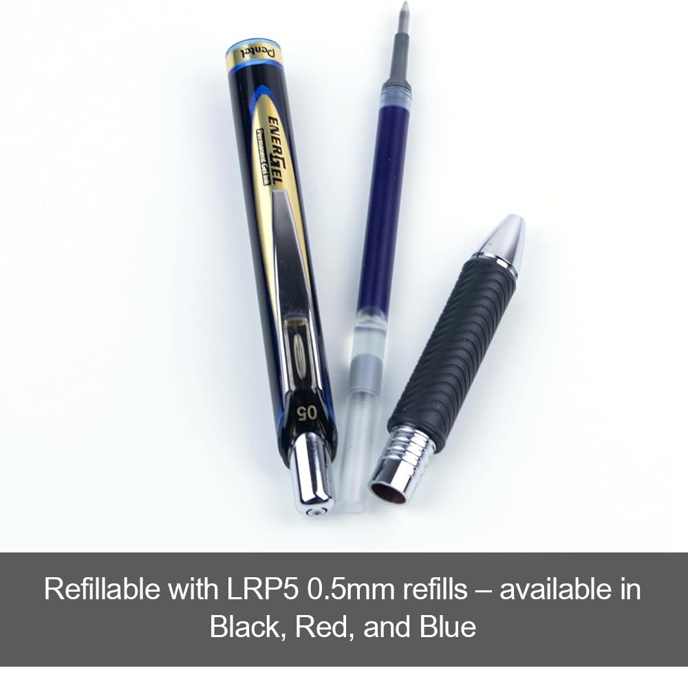 Pentel EnerGel Permanent Retractable Liquid Gel Rollerball Pen, Archival Quality, Water Resistant Ink, For Signing Important Documents, 0.5mm Fine Point, Blue Ink, BLP75-C, Box of 12
