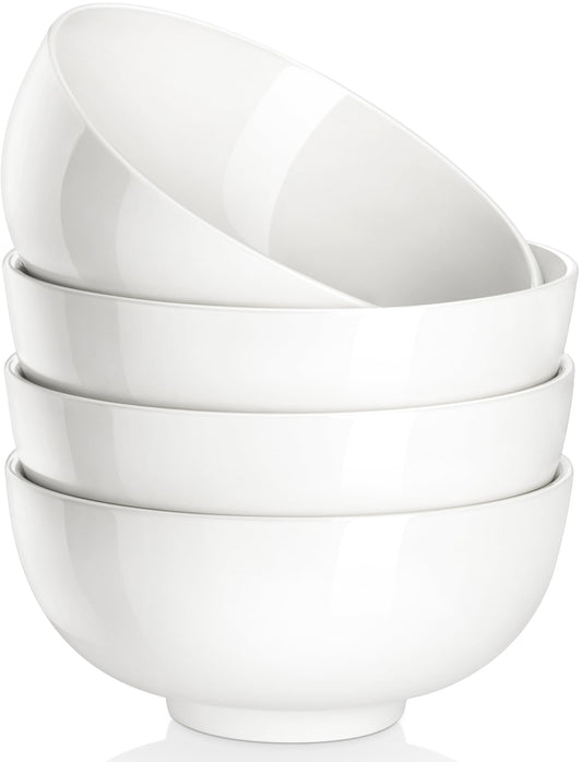 MALACASA 26 oz Porcelain Soup Bowls, 6" Cereal Bowls - White Bowls Set of 4 for Soup, Cereal, Oatmeal, Fruit, Rice - Dishwasher & Microwave Safe, Series Regular
