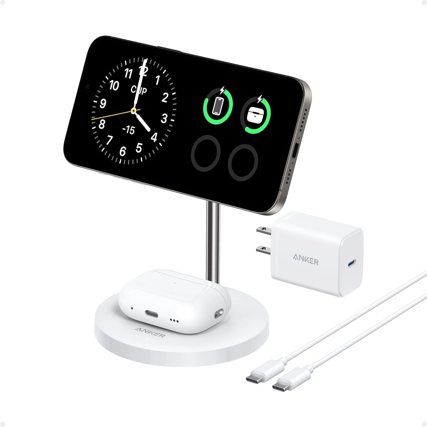 Anker MagSafe Compatible MagGo Charger Stand, iPhone 16 Wireless Charger, 2-in-1 Charging Station, Qi2 Certified 15W Max Charging, for iPhone 16/15/14/13/12, AirPods Pro (White, with 40W Adapter)